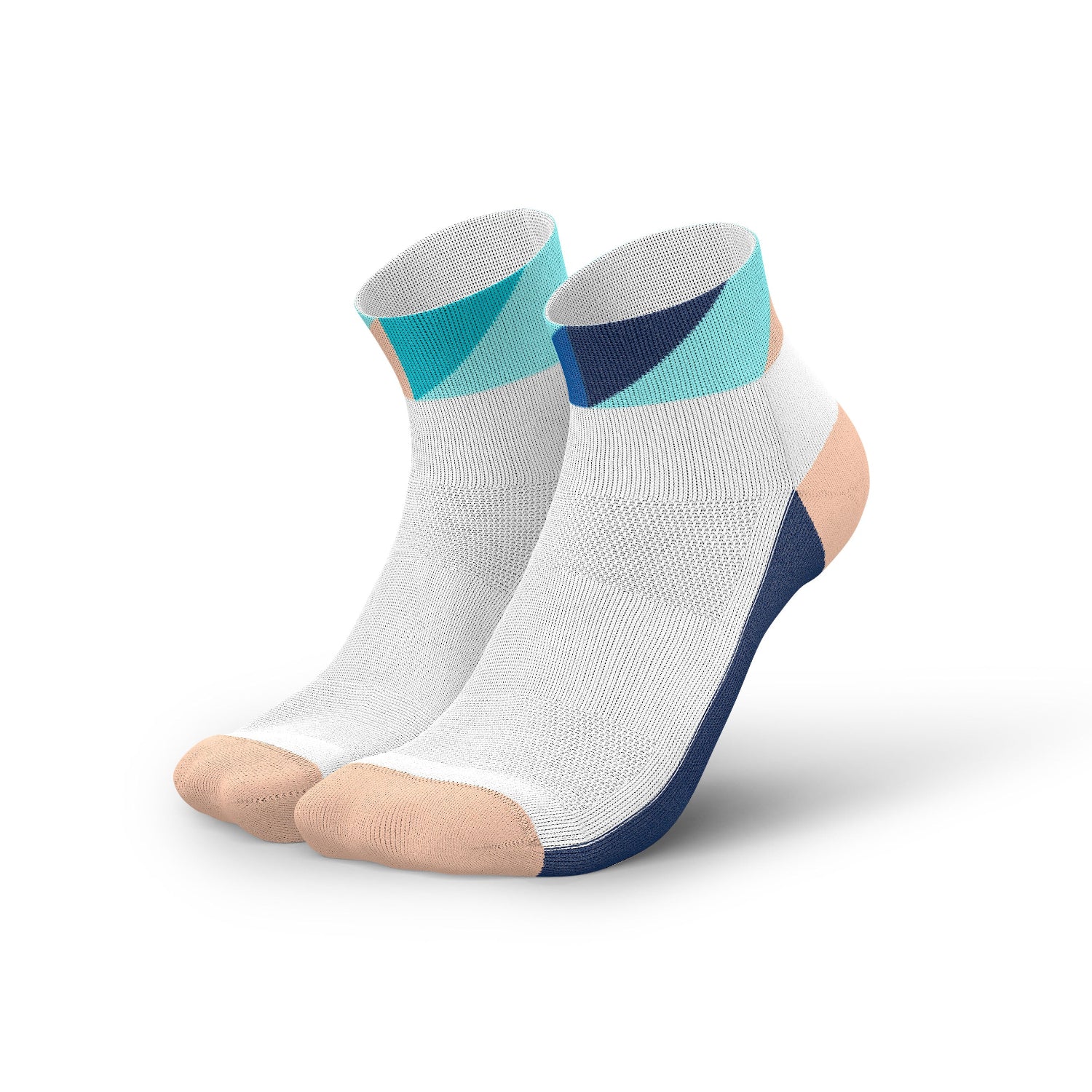 Witte hardloopsokken met beige, navy en mint details, vooraanzicht, witte achtergrond
