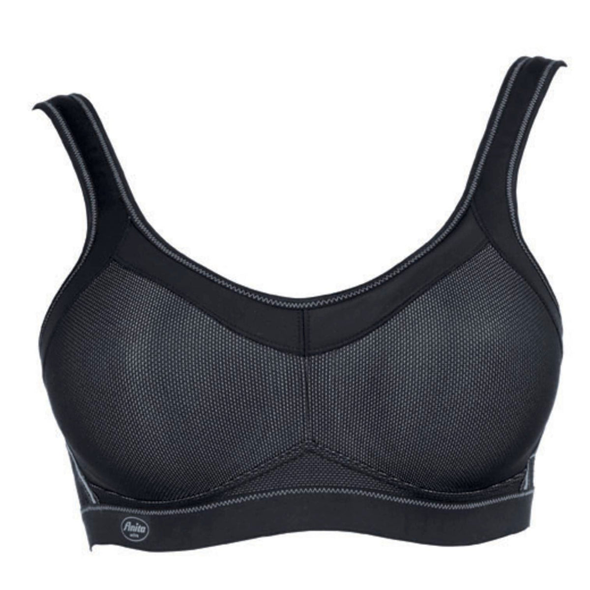 Zwart-grijze glanzende sportbeha met Anita Active logo, vooraanzicht