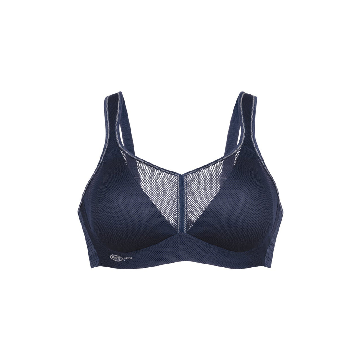 Blauwe sportbeha met Anita Active logo, vooraanzicht