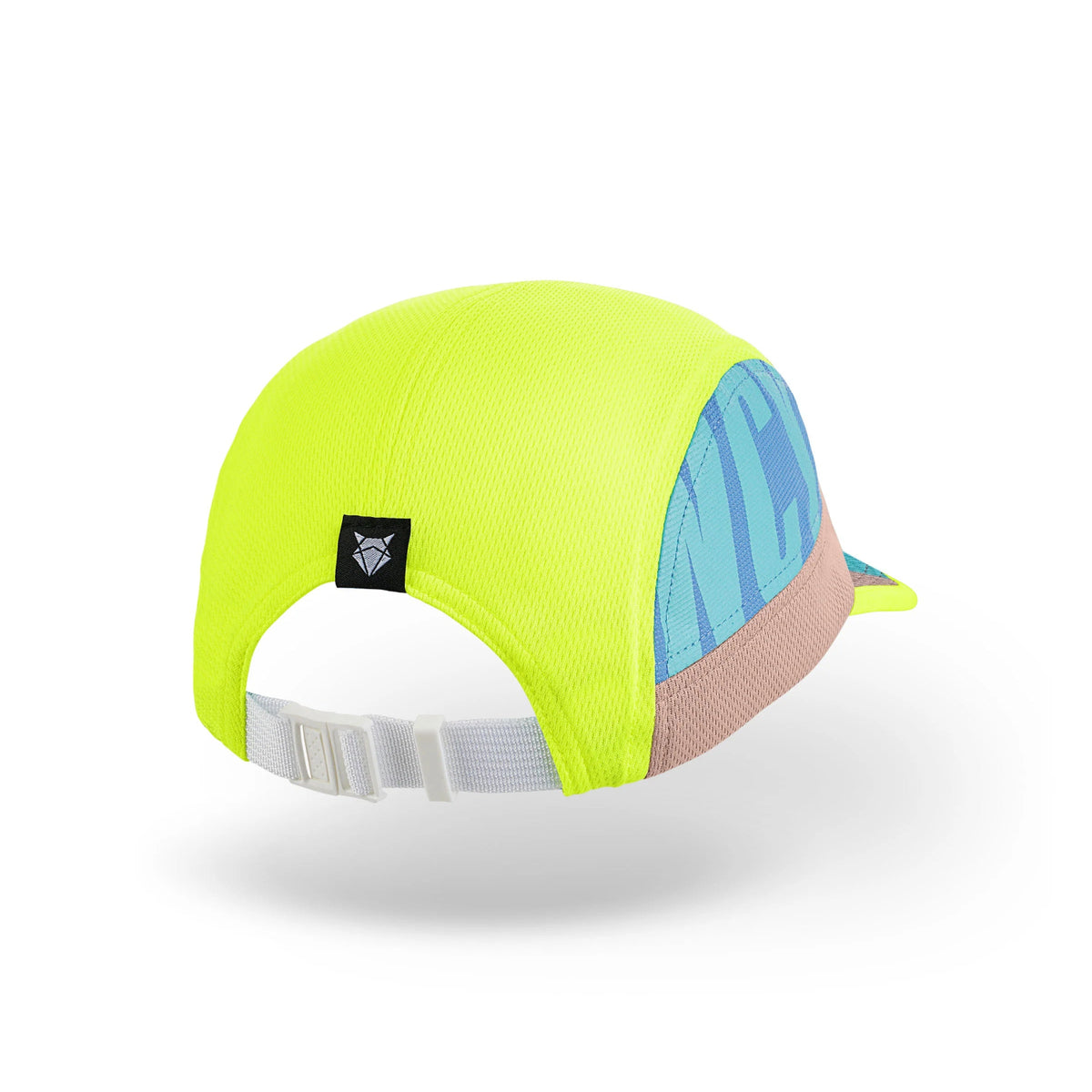Hardlooppet in neon geel en turquoise, achteraanzicht met verstelbare sluiting, witte achtergrond