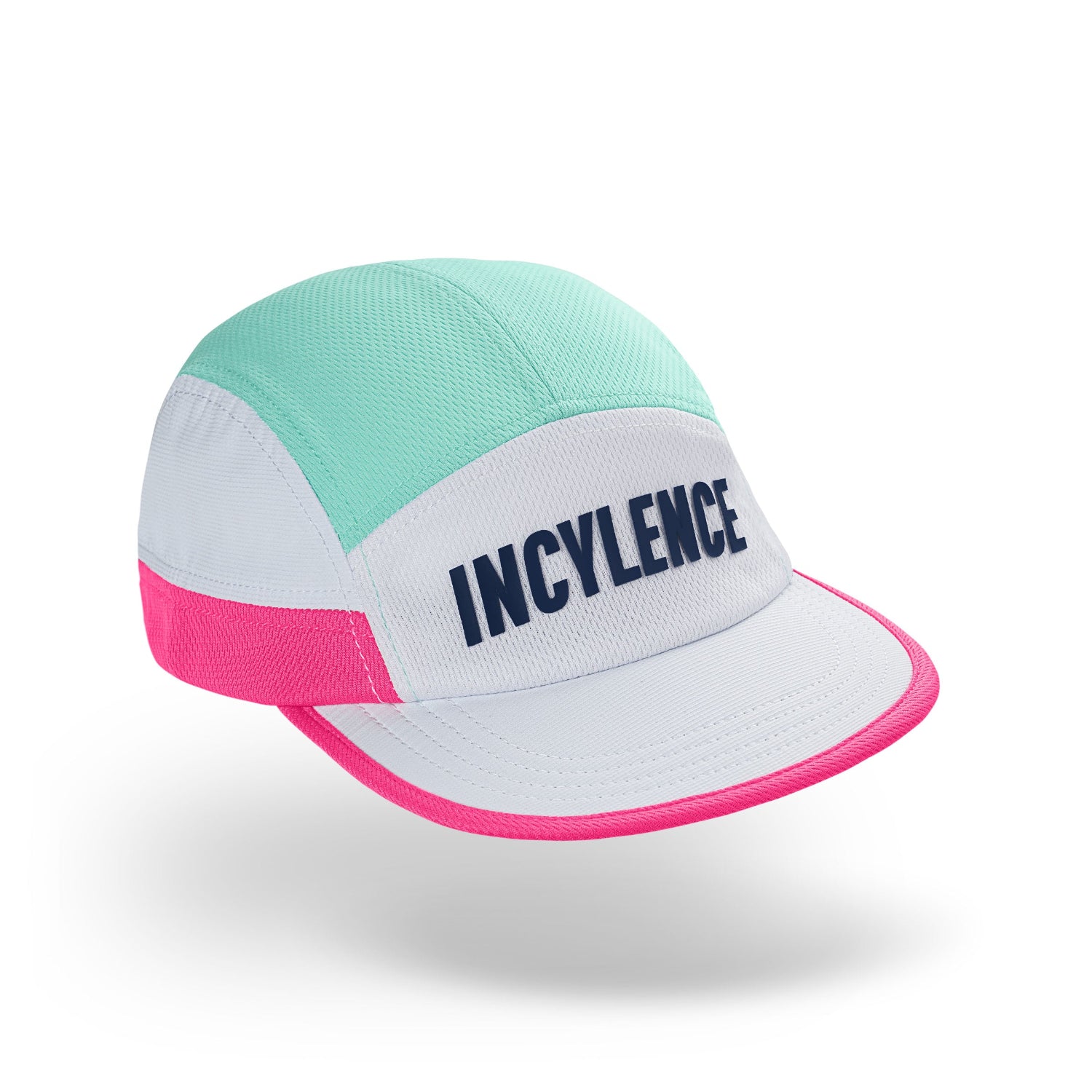 Hardlooppet in wit met roze en mint details met INCYLENCE-opdruk, licht schuin vooraanzicht, witte achtergrond