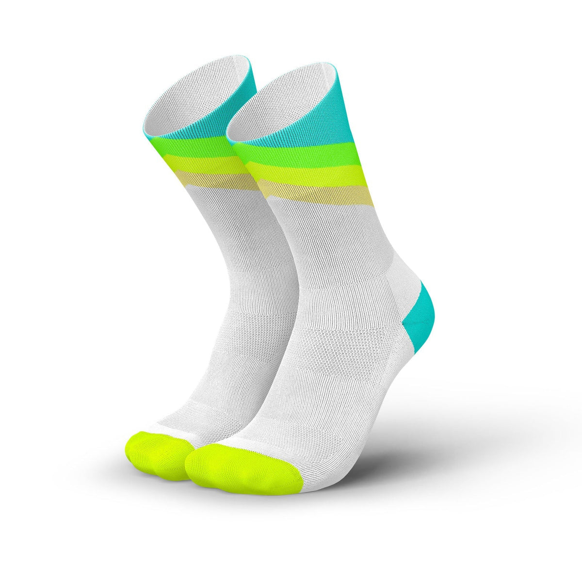Witte hardloopsokken met neon geelgroene en blauwe details, vooraanzicht, witte achtergrond