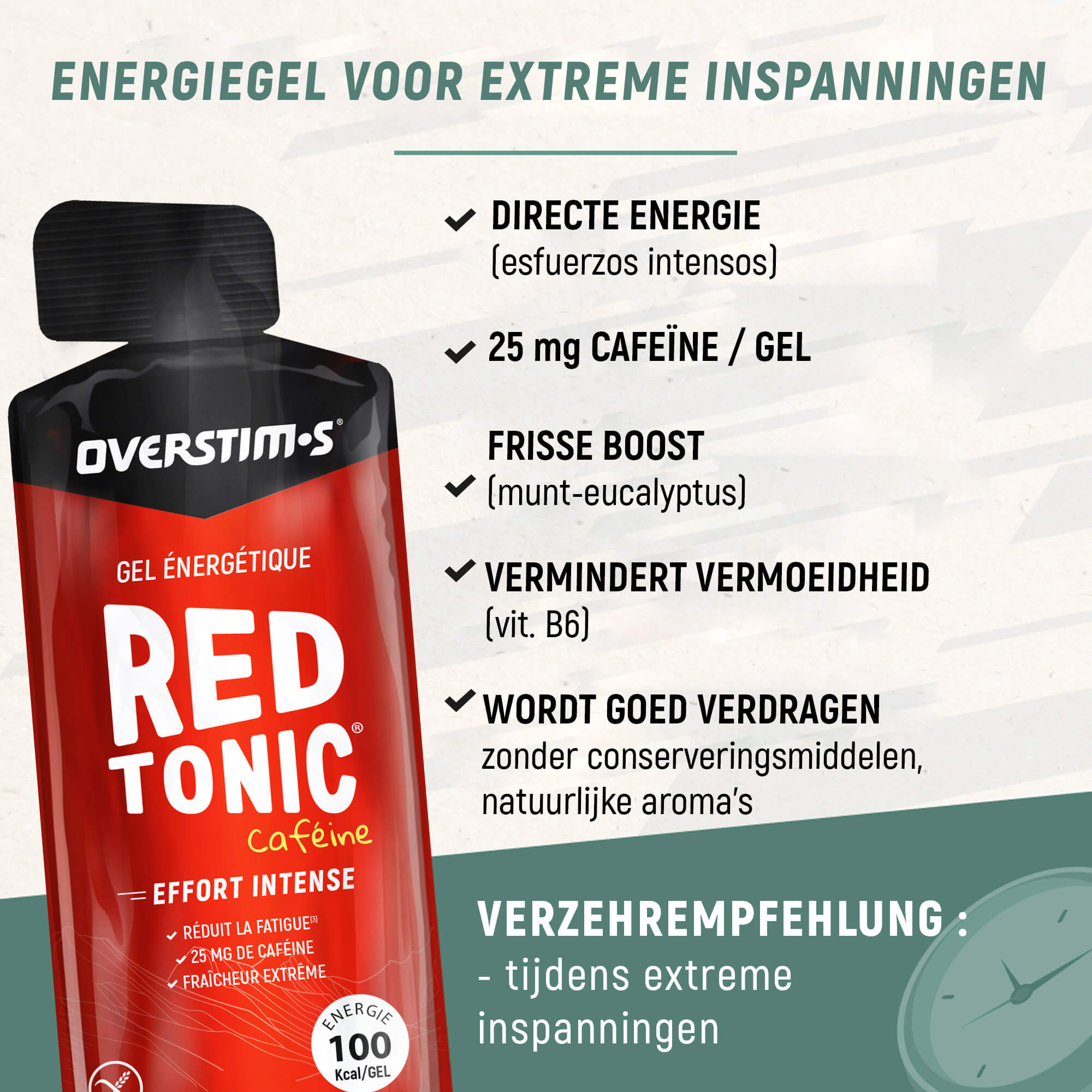 Overstims Red Tonic – Gelverpakking met productuitleg en voordelen