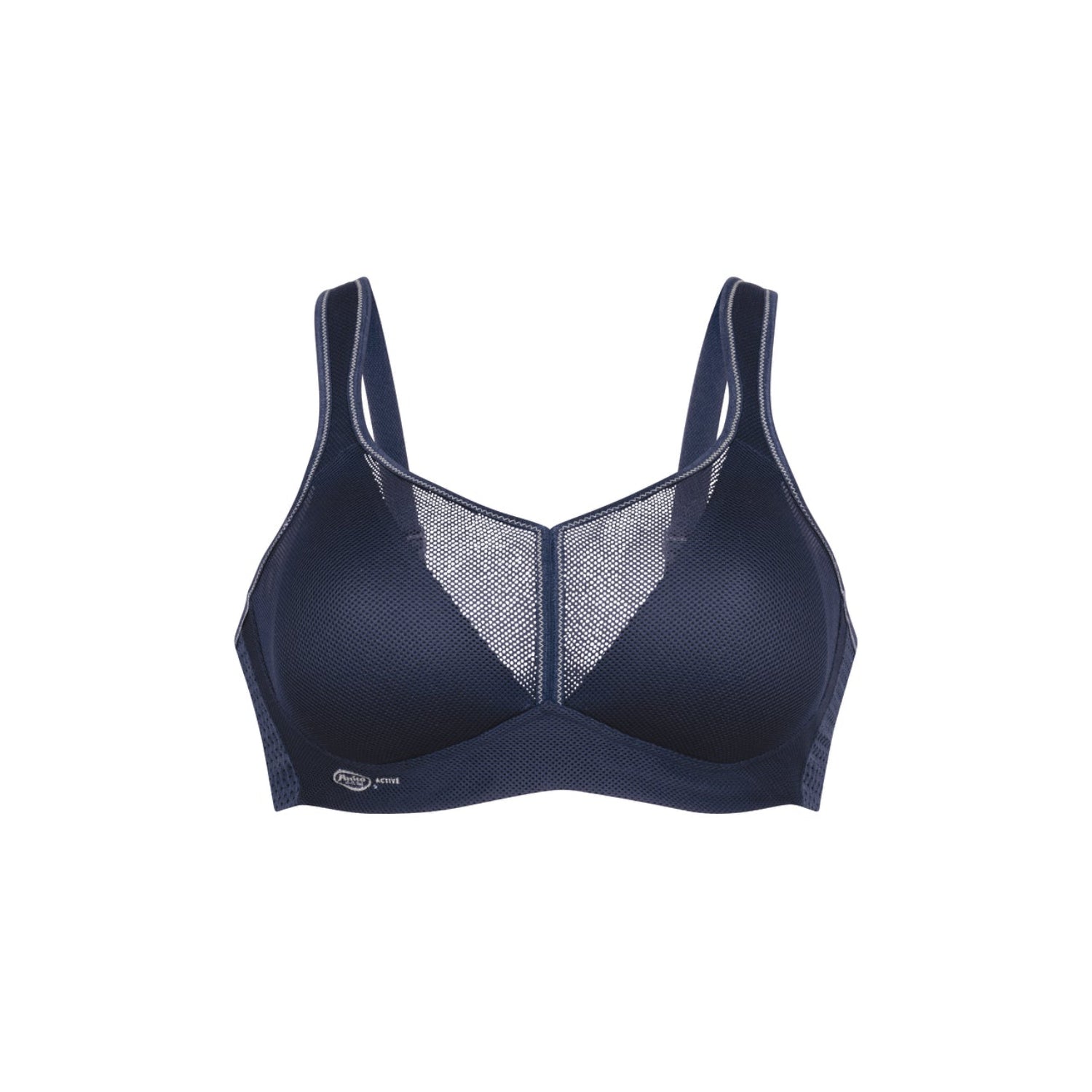 Blauwe sportbeha met Anita Active logo, vooraanzicht