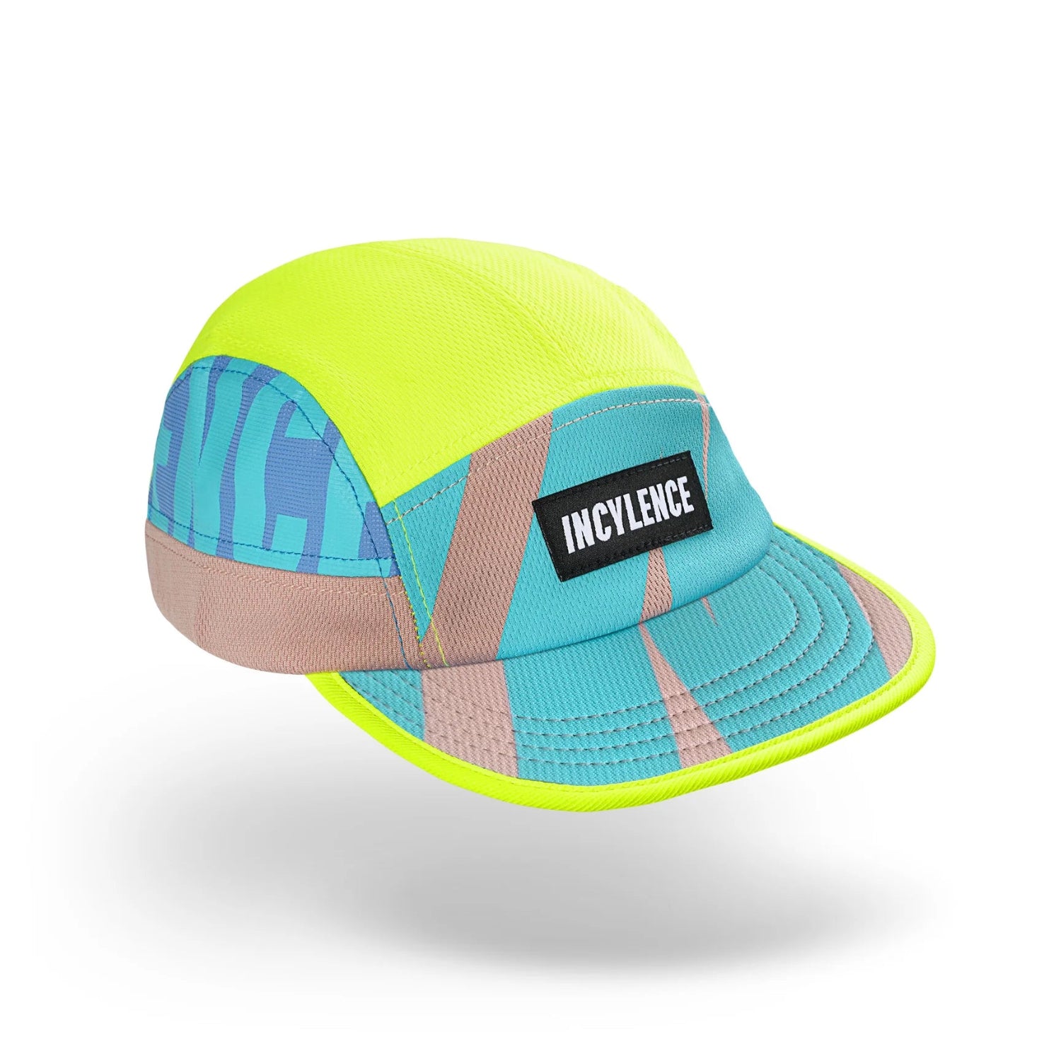 Hardlooppet in neon geel en turquoise met INCYLENCE-opdruk, licht schuin vooraanzicht, witte achtergrond