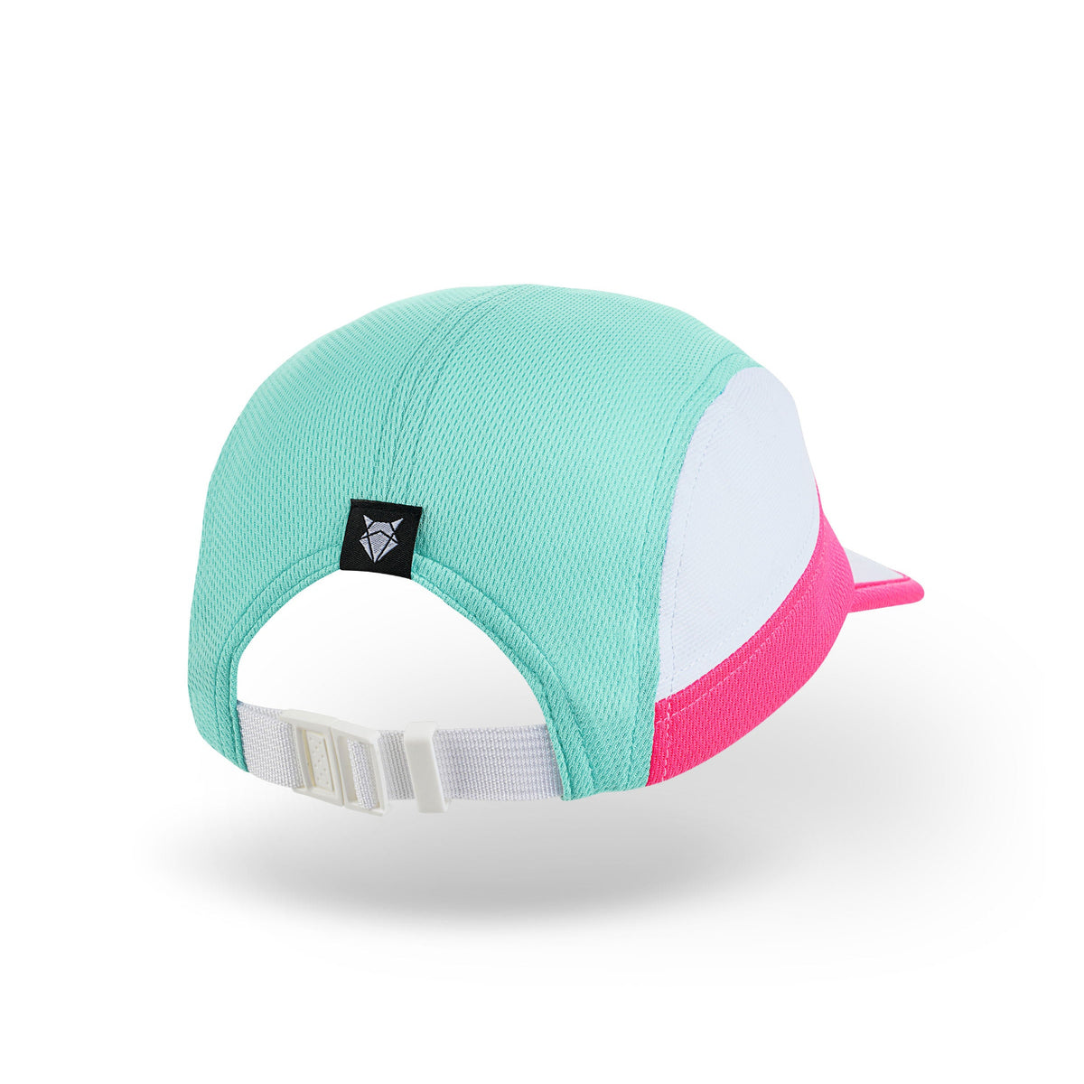 Hardlooppet in wit met roze en mint details, achteraanzicht met verstelbare sluiting, witte achtergrond