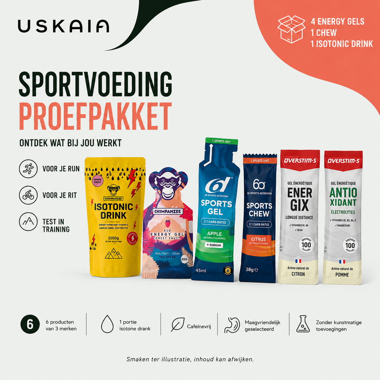 Uskaia startpakket sportvoeding met energieGels, chew en isotone sportdrank van Chimpanzee, 6d en Overstims.